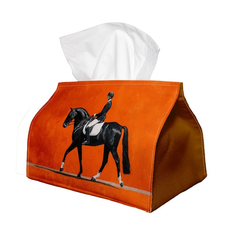 TEMU 1pc Horse And Rider Artwork On An Orange Background Small Tissue Box, A Decorative Storage Solution For Decoration, Kitchen, Living Room, Or Car