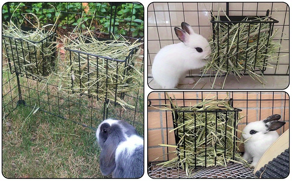 Robuuste constructie, zware metalen hooivork voor konijnen en cavia's - Zwart draadframe met gemakkelijk te installeren haak, ideaal voor het voeren van kleine dieren, 17,5 x 11,9 x 16,8 cm