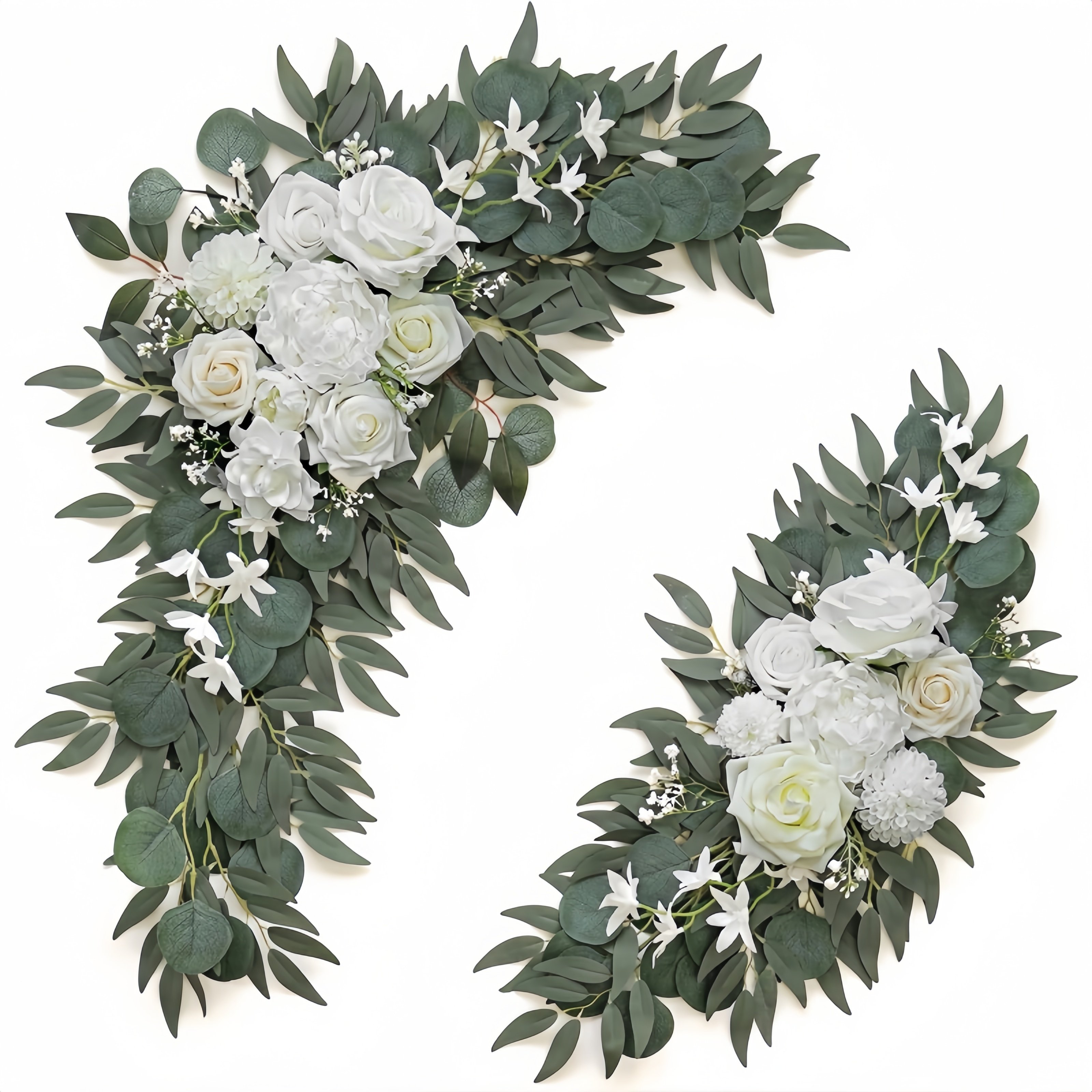 TEMU Lot de 2 arches florales haut de gamme avec roses artificielles blanches et eucalyptus, décoration florale artificielle, toile de fond pour