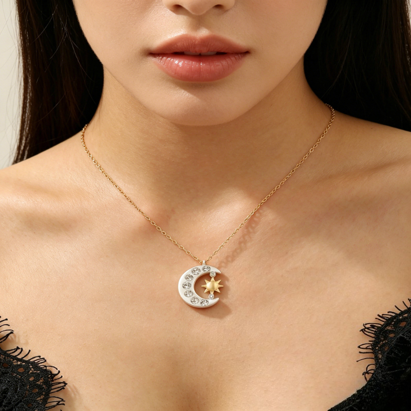 TEMU 1pc Of Light Luxury Fashionable Sun And Moon Shining Moon And Sun Pendant Collarbone Chain, Suitable For Women' Wear, Vacation Leisure