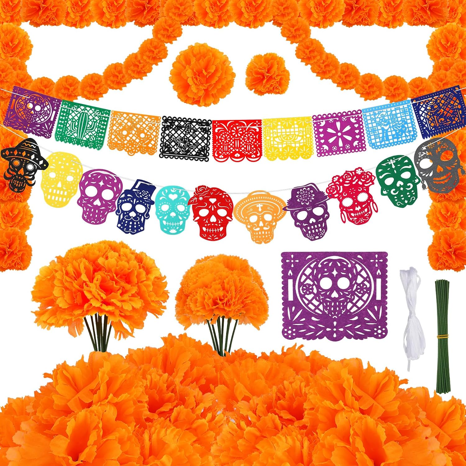 TEMU 82pcs Decorations Set, Decor For Altar With Papel Picado Banner Marigolden Flowers Garland For Ofrendas Altar Supplies, Mexican Halloween Diwali