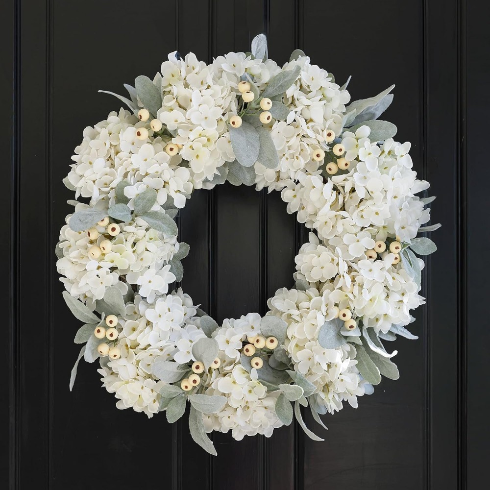 Image of Hydrangea Wreath For Front Door Outside 16 Inch Wedding Decorations With Hydrangea Ear Leaves For Wreath Spring Summer Farmhouse White Year Round Wreaths