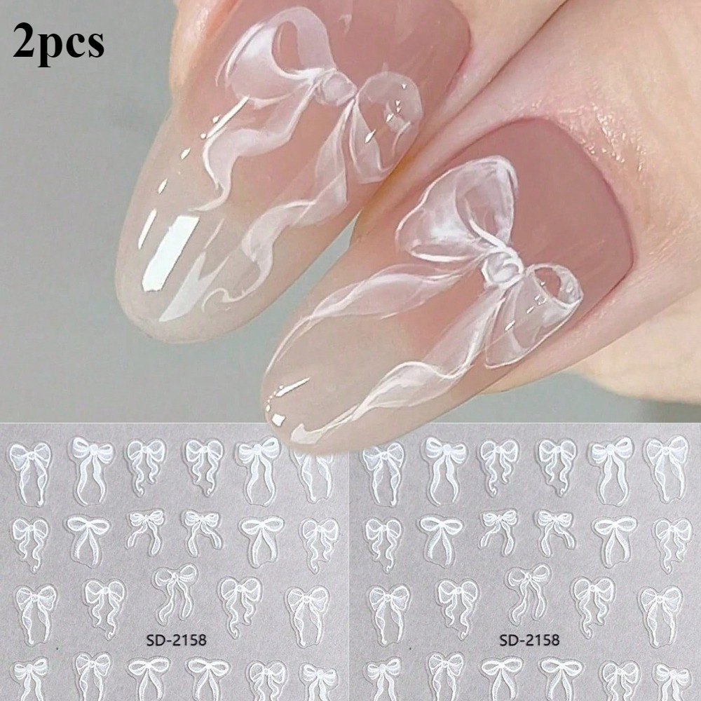 2pcs White Bow Ribbon Stickers, Self-adhesive Romantic Wedding Bow Decals, Diy Nail Art Accessories.
