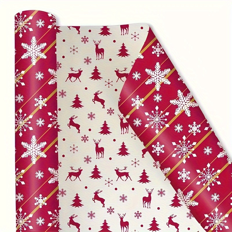 TEMU Christmas Reindeer & Snowflake Double-sided Gift Wrap - 17 X 145 Roll With Stickers, Holiday Presents & Family Gifts, White/red