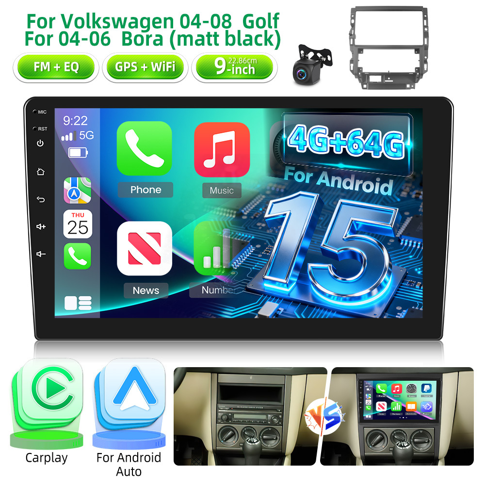 Image of 9 Inch 4+64g 15 Car Radio For 04-08 Golf 04-06 Bora (matt Black) Car, Car Radio Touchscreen Bluetooth Eq Wifi Rds Fm Swc Reversing Camera As A Gift