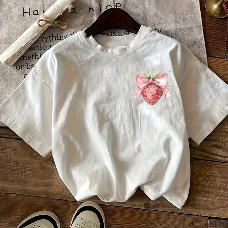 Girls' Short-Sleeve T-Shirt - 100% Cotton Breathable Summer Top with Strawberry & Stars Graphic Print, Loose Fit Round Neck Casual Tee for Teenagers, Machine Washable, Comfortable Pullover | Playful Graphic Design | Soft Texture Shirt