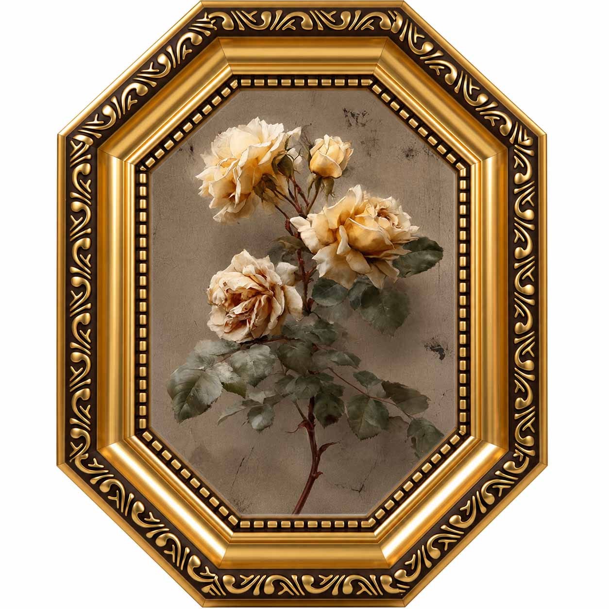 TEMU 2d Flat, 2d/flat, 1pc Framed Vintage Botanical Wall Art In Ps Resin Octagonal Gold- Patterned Frame | Cottagecore Floral Painting For Living