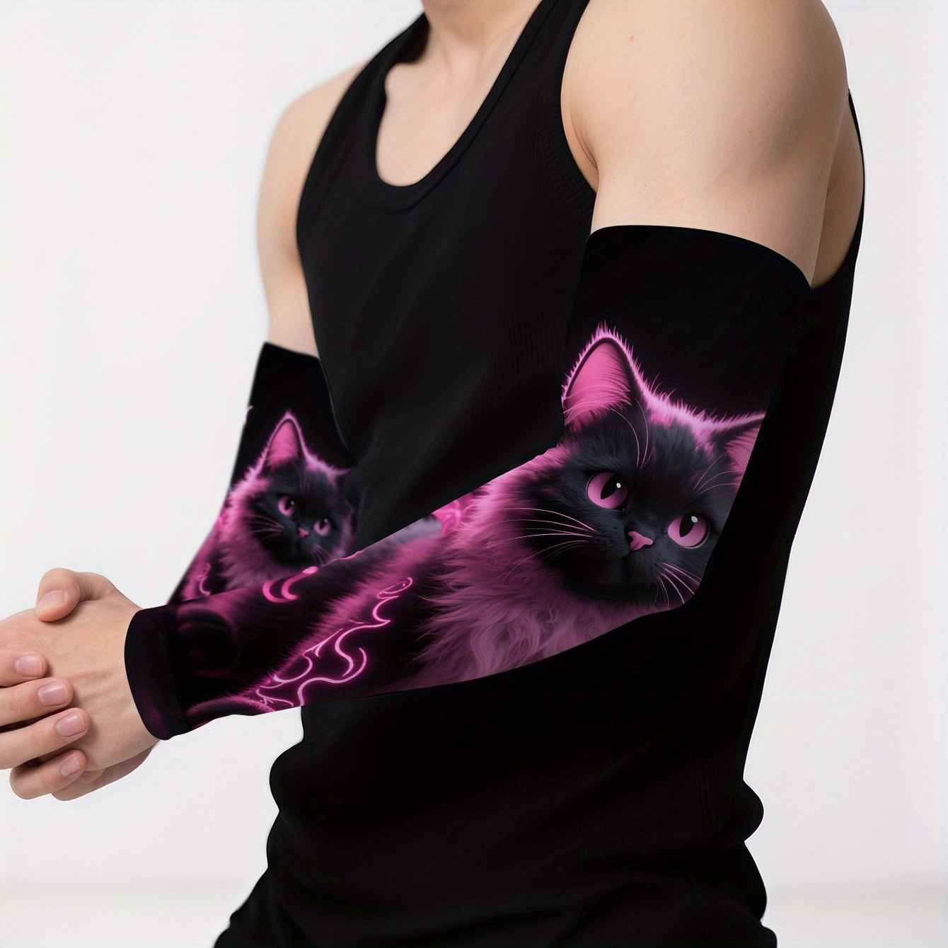 TEMU 1 Pair Unisex Black Cat Arm Sleeves - Stretchy Workout Sleeve With Pink Accents, Non-slip Grip For Cycling, Running, Hiking, Fishing - Athletic
