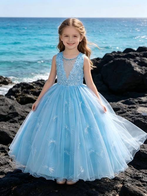 girls light blue princess dress with beaded v neck lace collar tulle floor length wedding dress suitable for birthday party christmas outfit hand washable for wear for 3 12 years