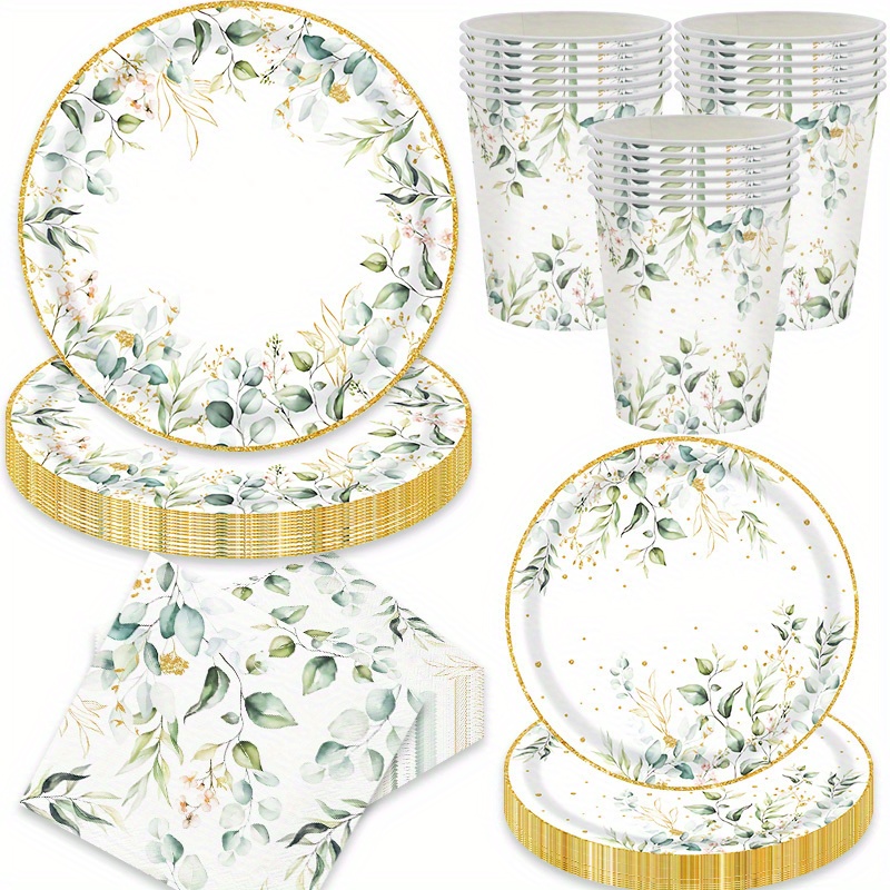 96pcs gold rimmed sage party set disposable light luxury tableware combination including 24pcs 9 inch sage embossed gold rimmed dinner plates and 24pcs 7 inch easy gold rimmed   and 24pcs paper cups and 24pcs printed napkins