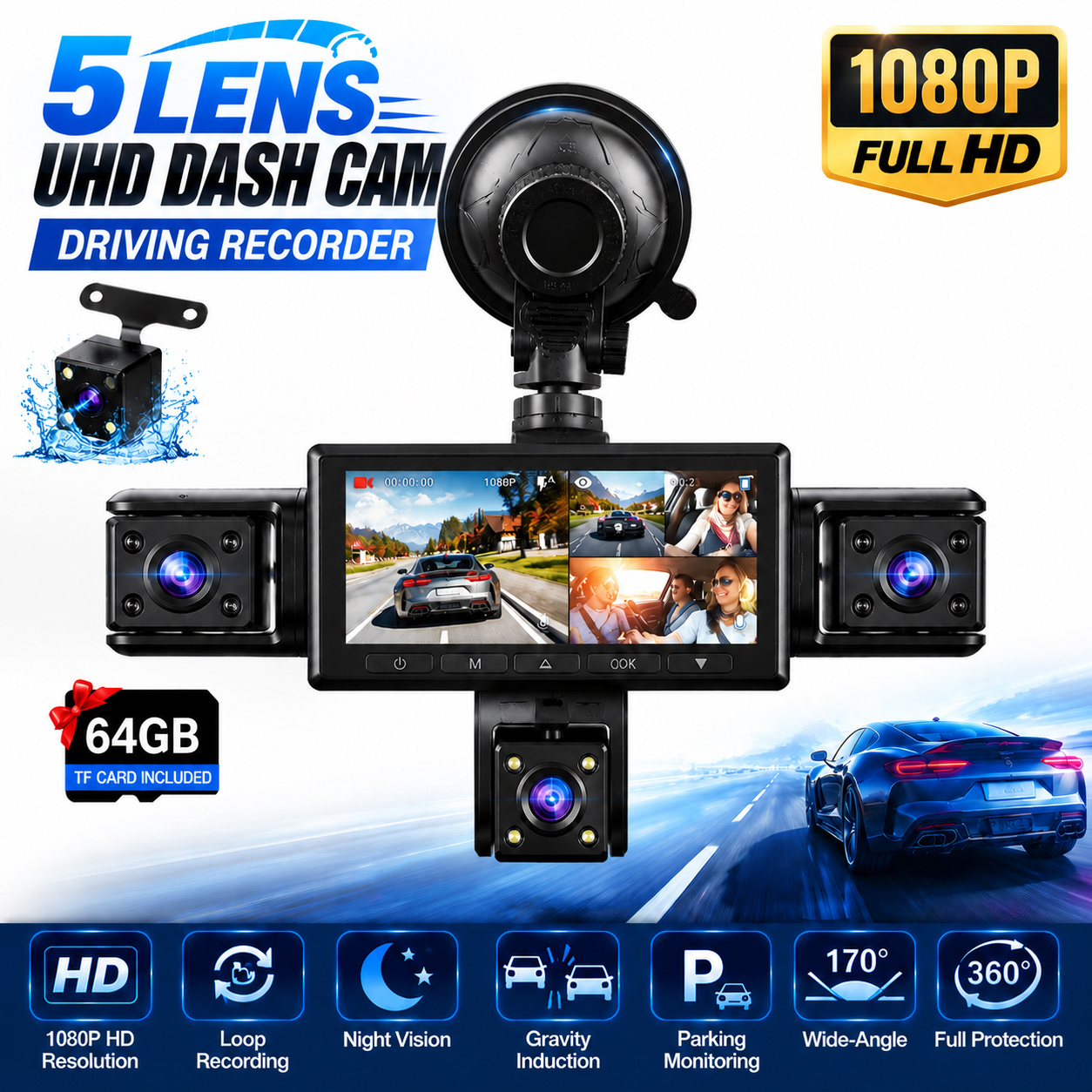 Image of 360 Degree View 5 Channel Dash Cam For Cars, Front And Rear Inside , 3.16'' Dashcam With Night Vision, Loop Recording, 24h Parking Mode Monitor, Reverse View And Free 64gb Tf Card, Without Battery