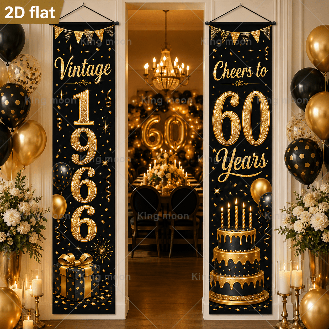TEMU 2d Flat, 2pcs 2d Flat Banner Set Black Golden Glitter 60th Birthday Hanging Banner Couple, 1966 Retro Sixtieth Birthday Banner, Elders' Sixtieth
