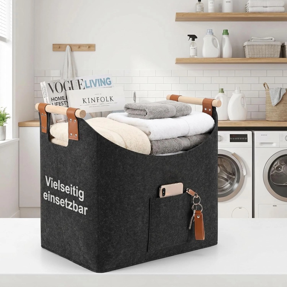 Image of 96l Large Black Felt Firewood Basket, Foldable Felt Wood Carrier Bag, Household Storage Organizer For Firewood,, Snacks & Sundries, Decor