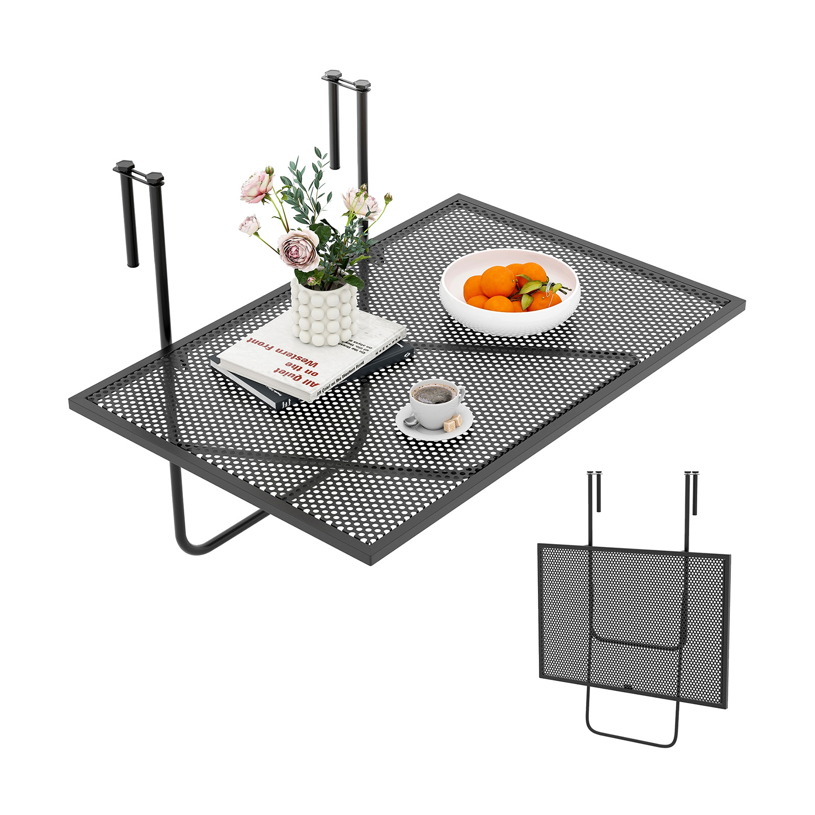 Image of Folding Hanging Balcony Table, Space- Outdoor Railing Table With Metal Frame For Patio Porch Deck, Fits Railings Up To 2.4" Thick, Black Non-food Direct Contact