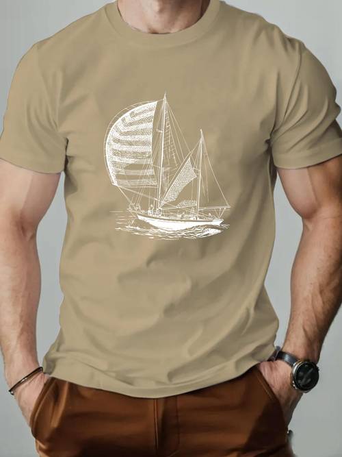 mens summer casual short sleeve t shirt with boat pattern