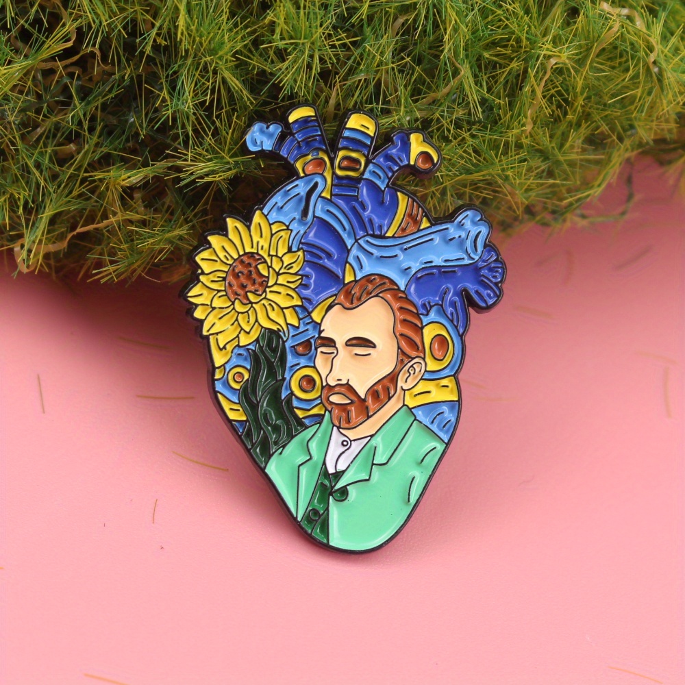 Image of Van Gogh For Art Heart Badge - Starry Night And Sunflowers Fusion | Tribute Badge For Art Lovers' Collection