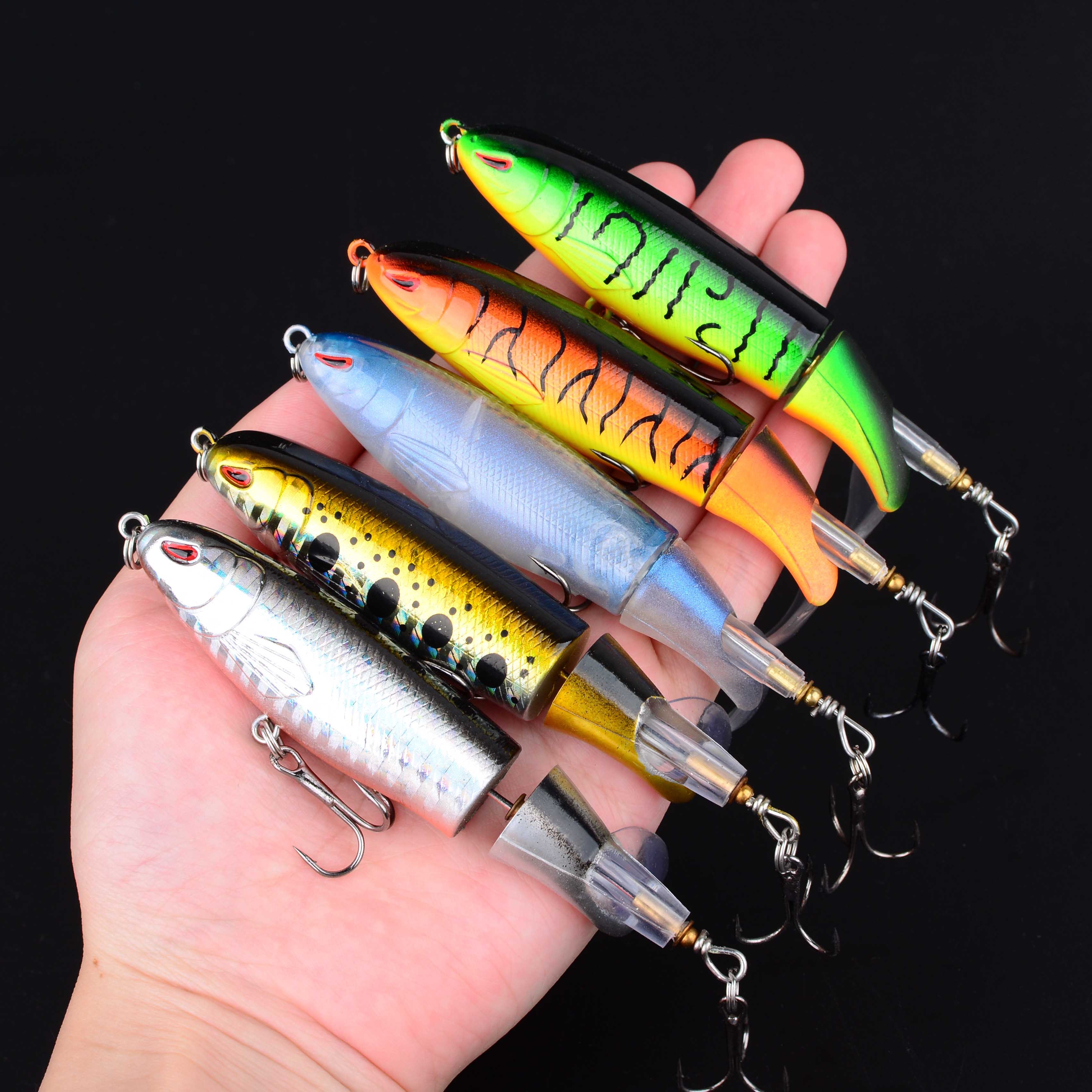TEMU Lot de 5 leurres de pêche Popper Topwater à , appâts artificiels Crankbait dur Wobbler à queue rotative, matériel de pêche