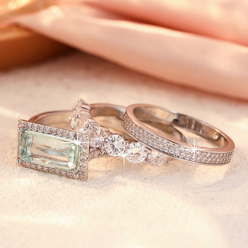 Luxurious Retro Three-Piece Light Blue Gemstone Ring Set