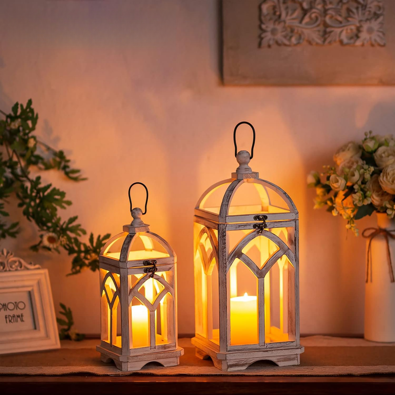 Image of Decorative Candle Lantern Wood- Rustic Wooden Lantern For Farmhouse Room Shelf Table Decoration Christmas Holloween Wedding Party Table Centerpiece, Washedwhite