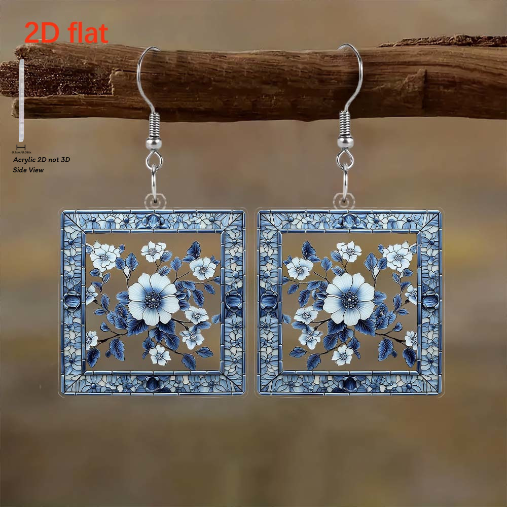 TEMU 2d Flat, Bohemian Porcelain Floral Earrings - Lightweight Durable Acrylic Suitable For Casual Wear, Retro Suitable For Daily Use, Gift For