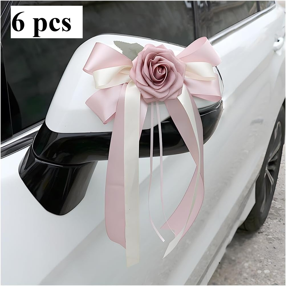 Image of 6pcs Wedding Car Flowers, Artificial Flowers Bow Car Door Handle Decorations, Bow Ribbon Rearview Mirror Bouquet Additions, Universal For Suv, Sedan, Truck, Wedding Party Home Decor