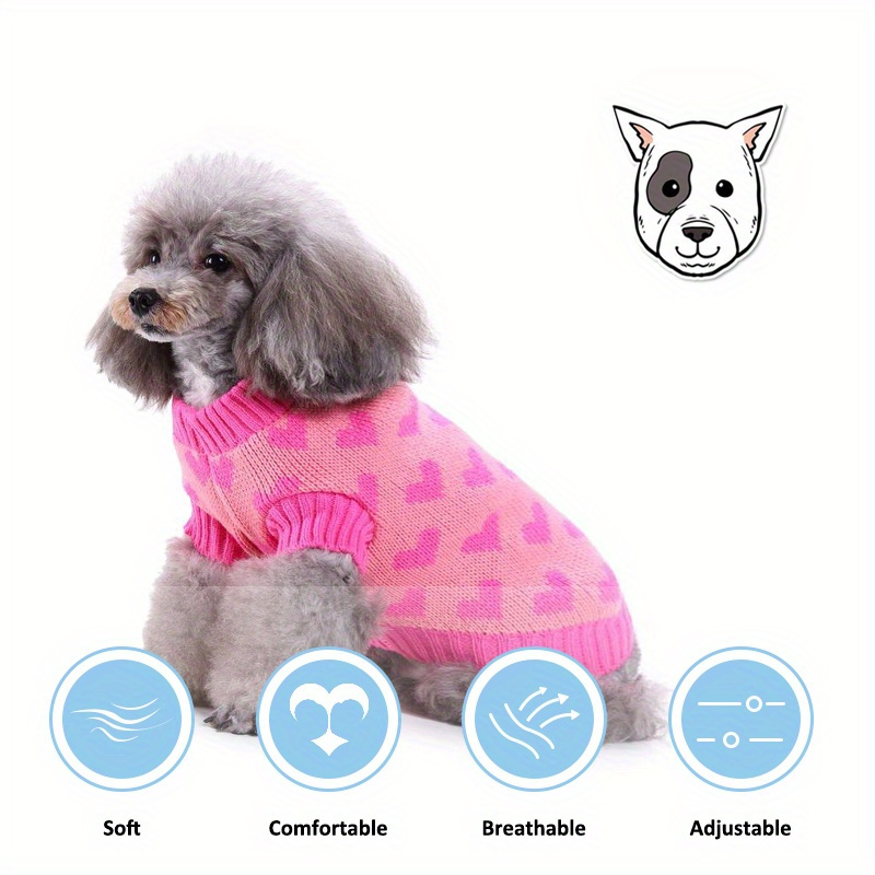 

Cozy Knit Turtleneck Dog Sweater With Bone & Design - Small To Large Breeds, Pink Love Pattern, Pet Clothes, Striped, Autumn And Winter