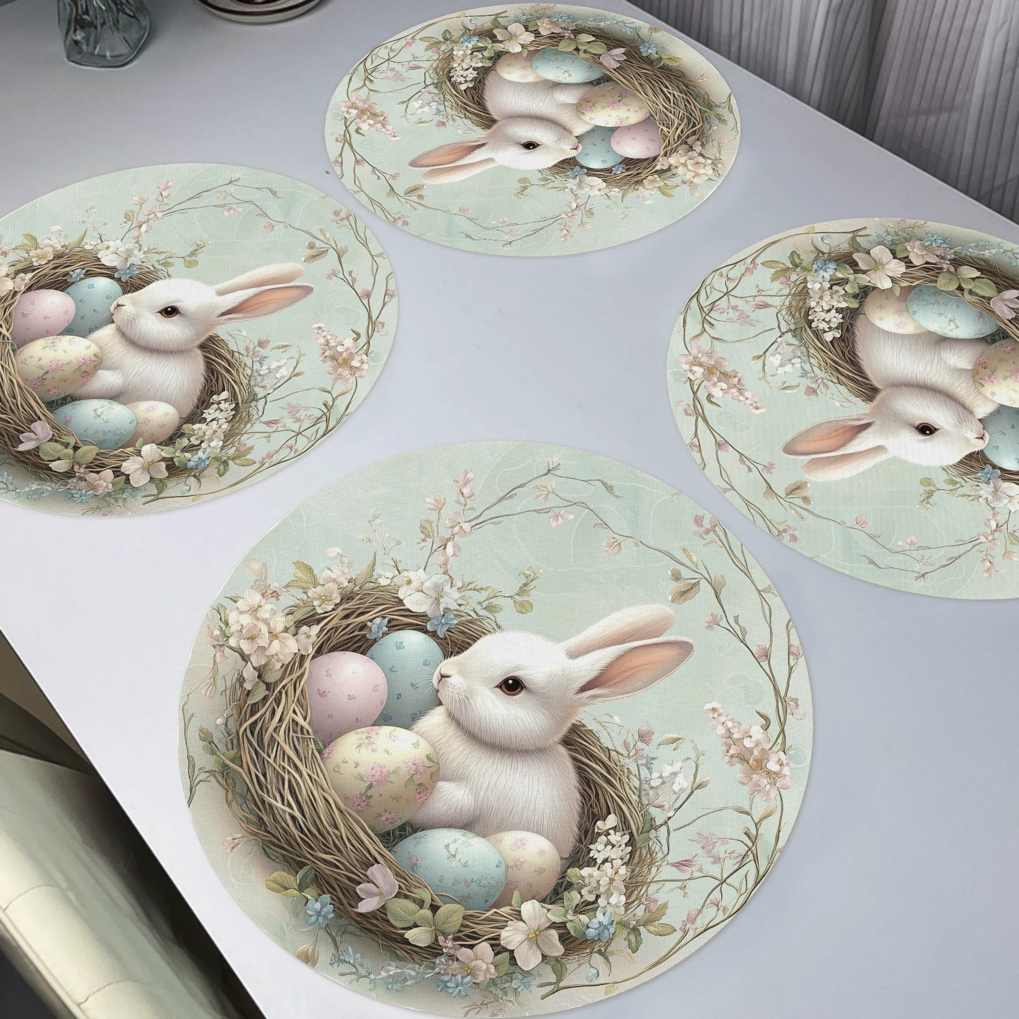 

4pcs Spring Cute Rabbit Placemats – Round Table Mats, Non-slip Washable Polyester For Home Decor, Kitchen Banquet Party Dining Table Decoration, Hand Wash Only, 15", Rabbit Accessories