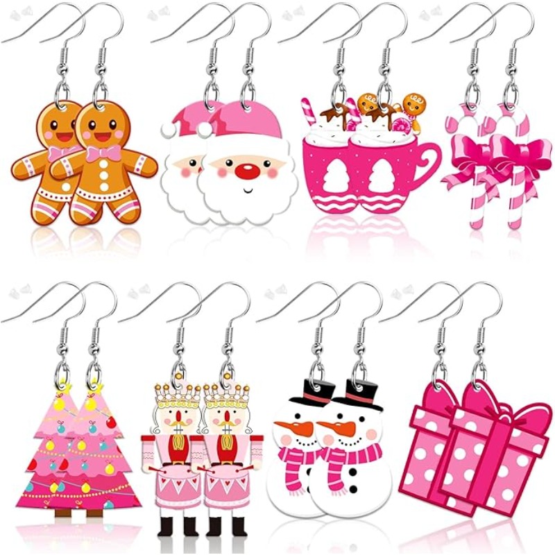 TEMU 8 Pairs Of Pink Christmas Acrylic Earrings For Women, Double-sided Design Christmas Tree Gingerbread For Man Earring Set