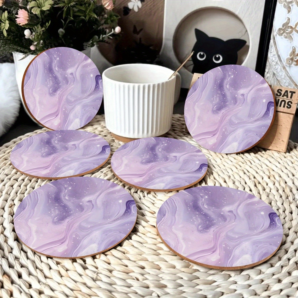 TEMU Set Of 6 Purple Glitter Swirl Round Coasters- Elegant Marble Pattern Table Protectors For Drinks, Suitable For Birthdays, Housewarming, And Teen