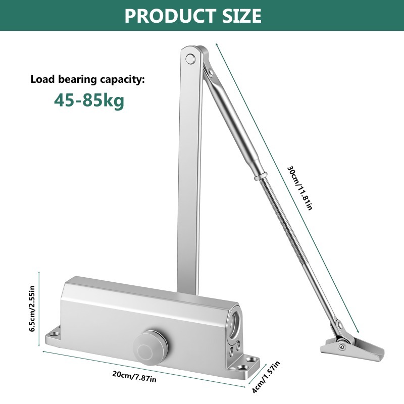 Image of Hydraulic Door Closer, Size Adjustable Speed For Doors 45-85kg, 3 Mounting Types For Residential And Commercial Use, 500k Cycle, Aluminium (silvery)