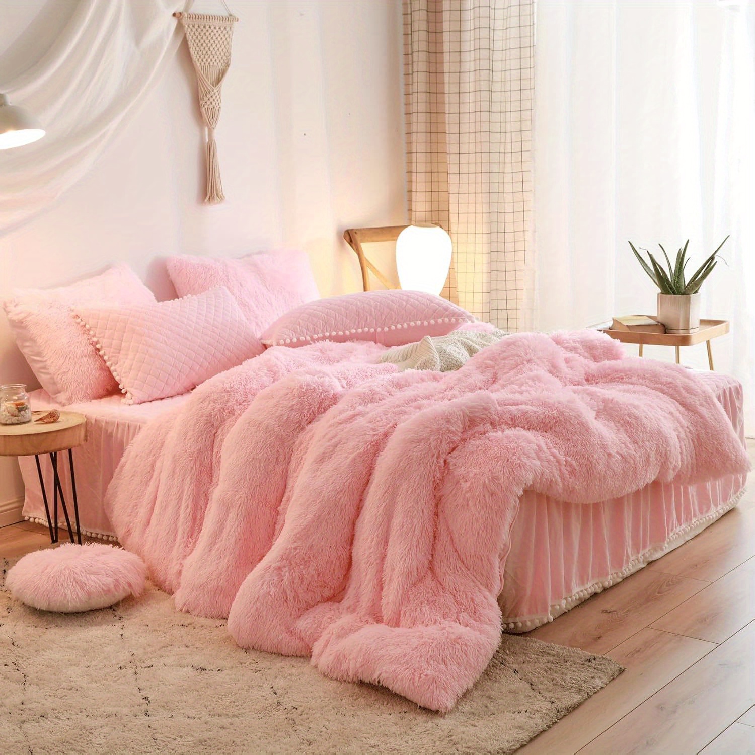 fluffy soft comforter cover queen set   fur bedding sets full queen king 3 pieces1 plush duvet cover 2 shaggy pillowcases fuzzy pink bed set plush duvet cover set bed sheets details 0