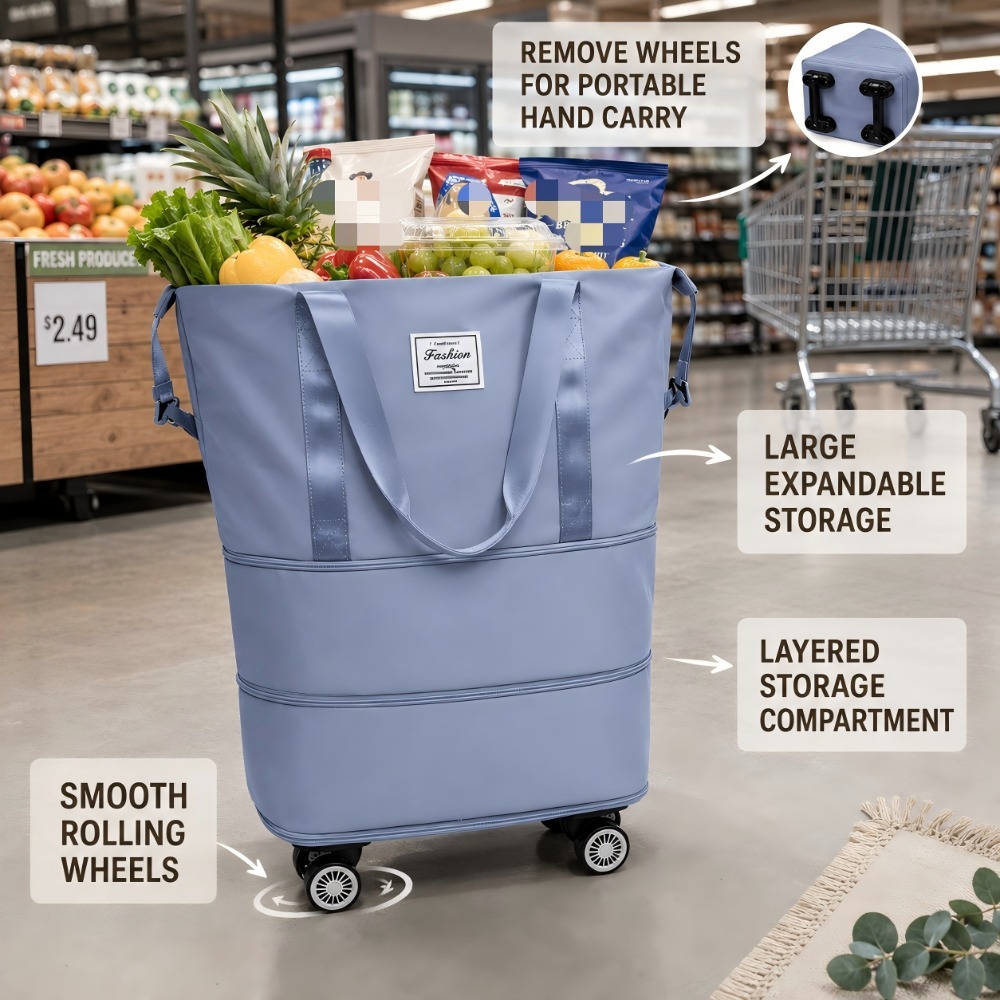 3 expandable wheeled luggage tote bag wear resistant portable handheld rolling bag reusable supermarket shopping cart bag multi purpose travel carry on bag Product details 4