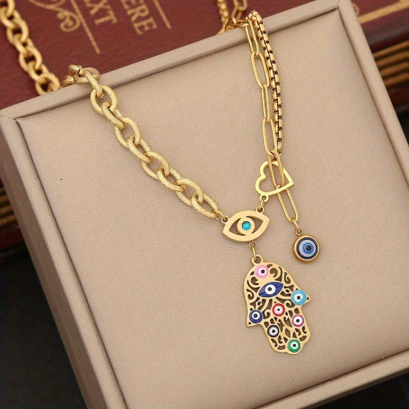 TEMU 1pc Bohemian Hand & Evil Eye Pendant Necklace, Stainless Steel Collarbone Chain, Vintage European And Jewelry For Women, Ideal Valentine's Day &