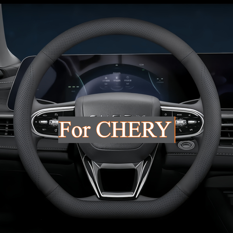 TEMU Faux Leather Steering Wheel Cover For Chery Models - Breathable, Fashionable Design, Size 38cm/14.96in