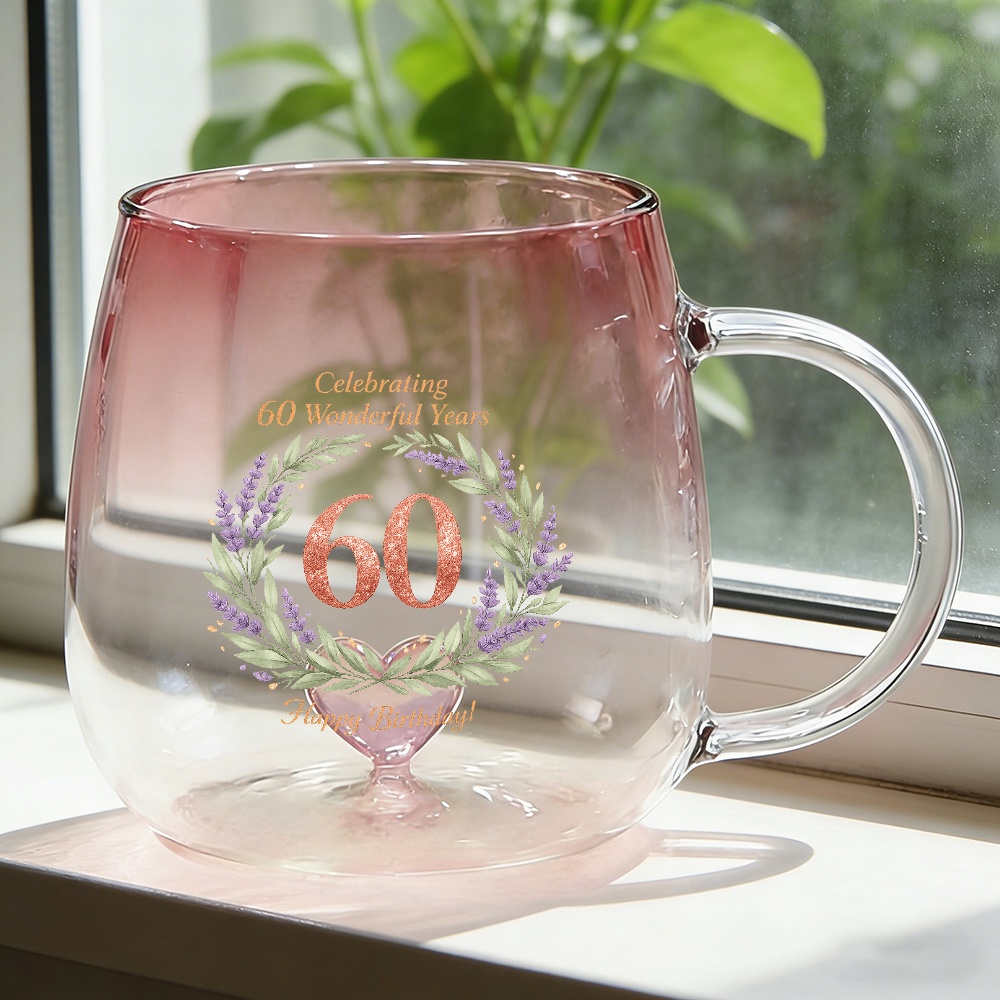 TEMU Brewing Mugs 60th Birthday Floral Wreath Glass Mug, Pink Ombre Heart Shape With Handle, Elegant Milestone Celebration Gift For Women, Mom,