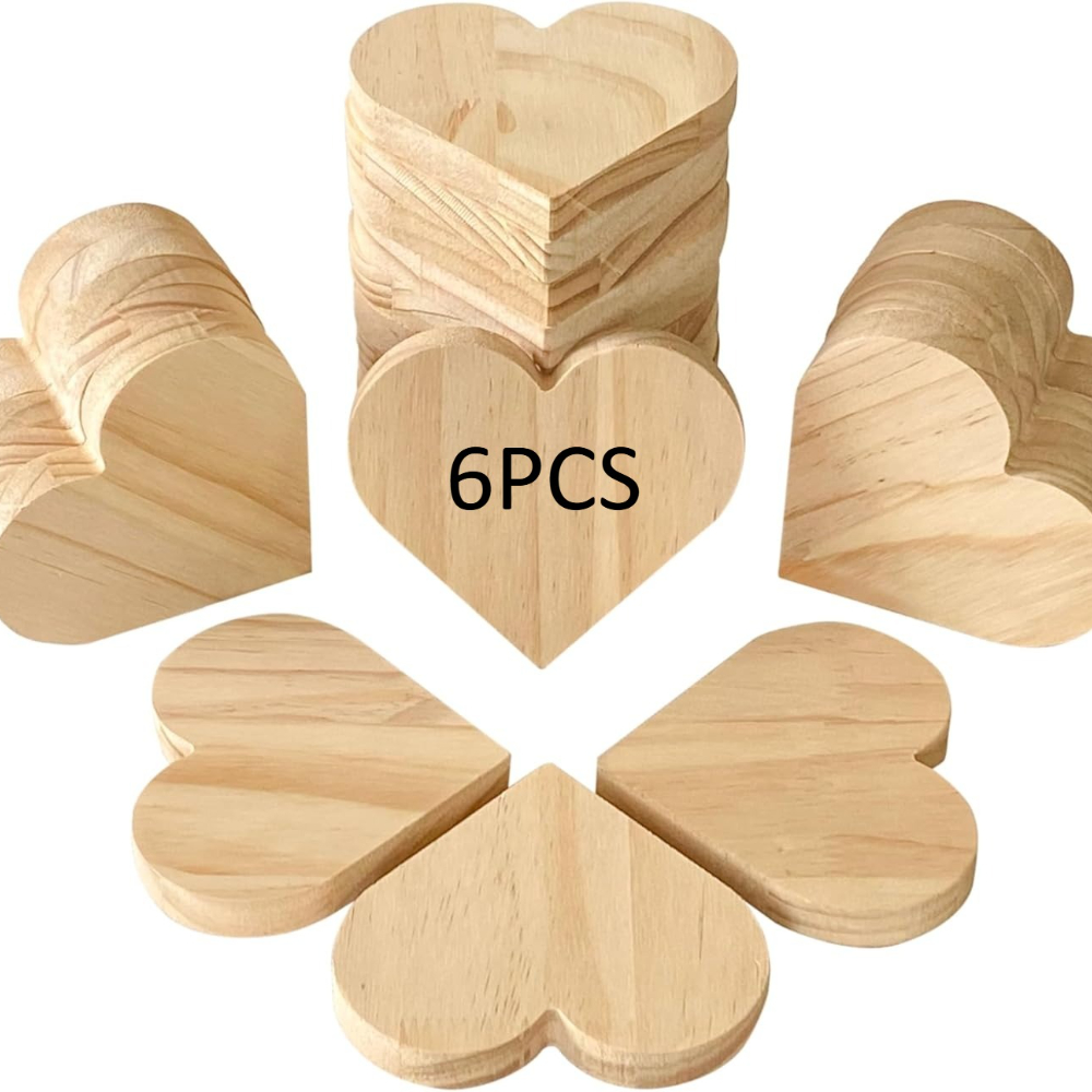 Image of 4 Inch 6 Pack Unfinished Wooden Heart Block 0.6" Thick Wooden Heart Freestanding Blank Wood Love Signs Natural Wood Coaster For Decor Painting Crafts, Valentine's Day Mother's Day Easter