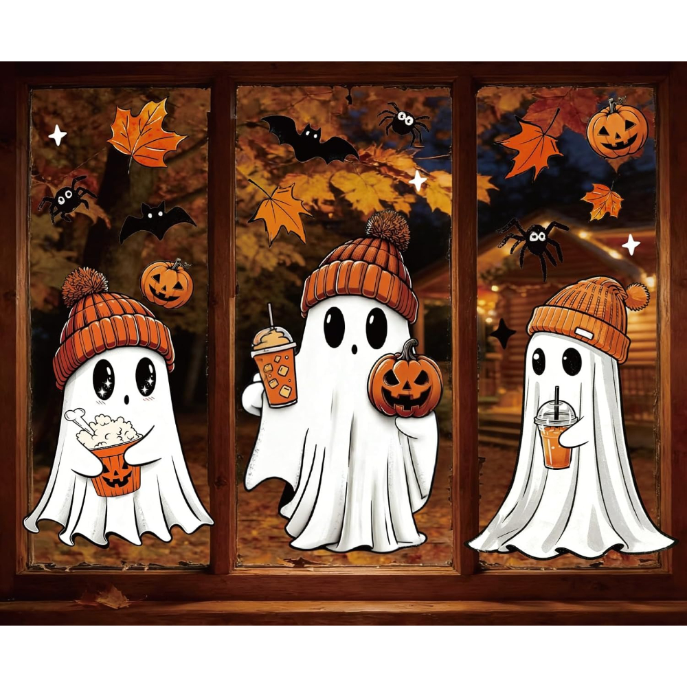 TEMU 3 Sheets Extra Large Fall Window Clings Cute Pumpkin Glass Decal Stickers For Autumn Halloween Home Office Party Wall Decor