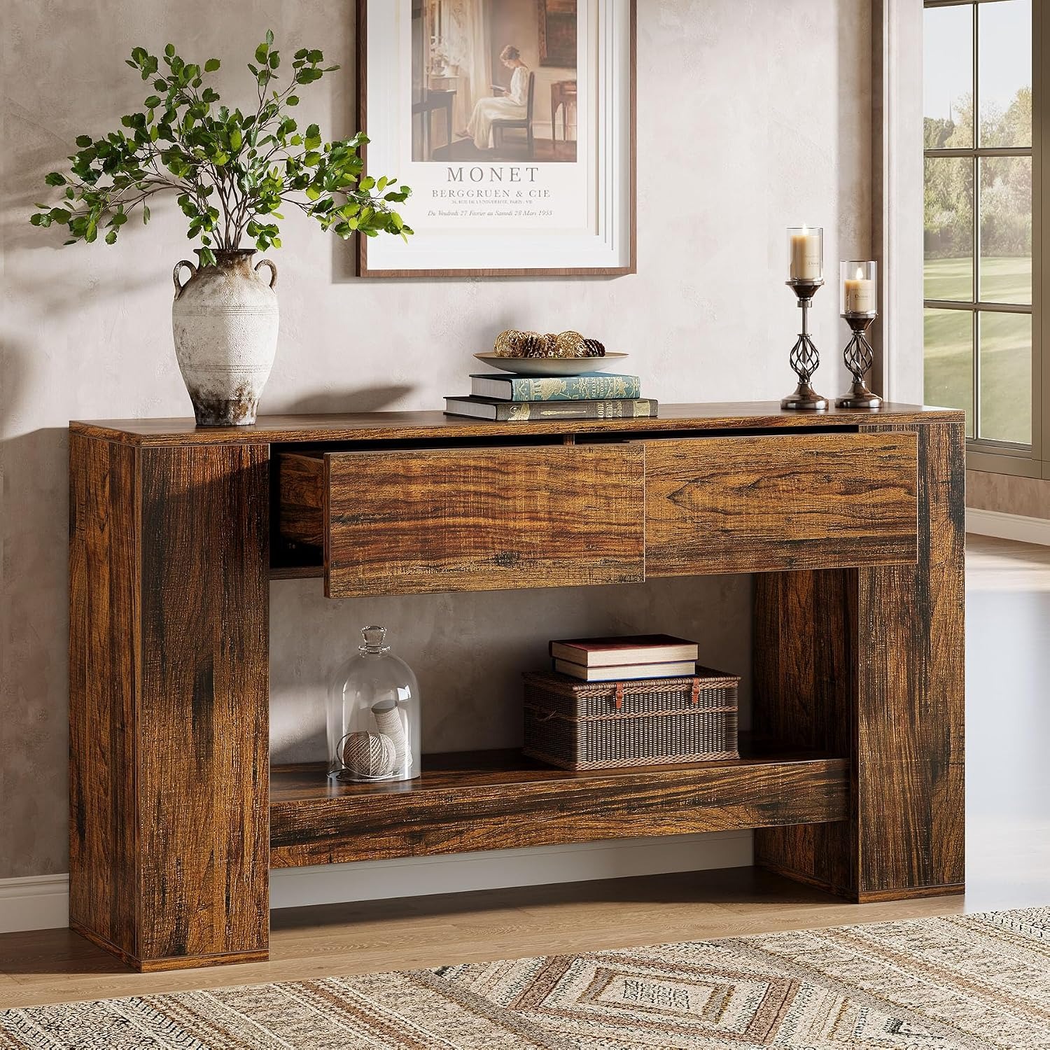 Rustic Brown Console Table With 2 Drawers, Narrow Two-tier Console Table, 140cm, For The Living Room, Hallway Or Entrance Hall