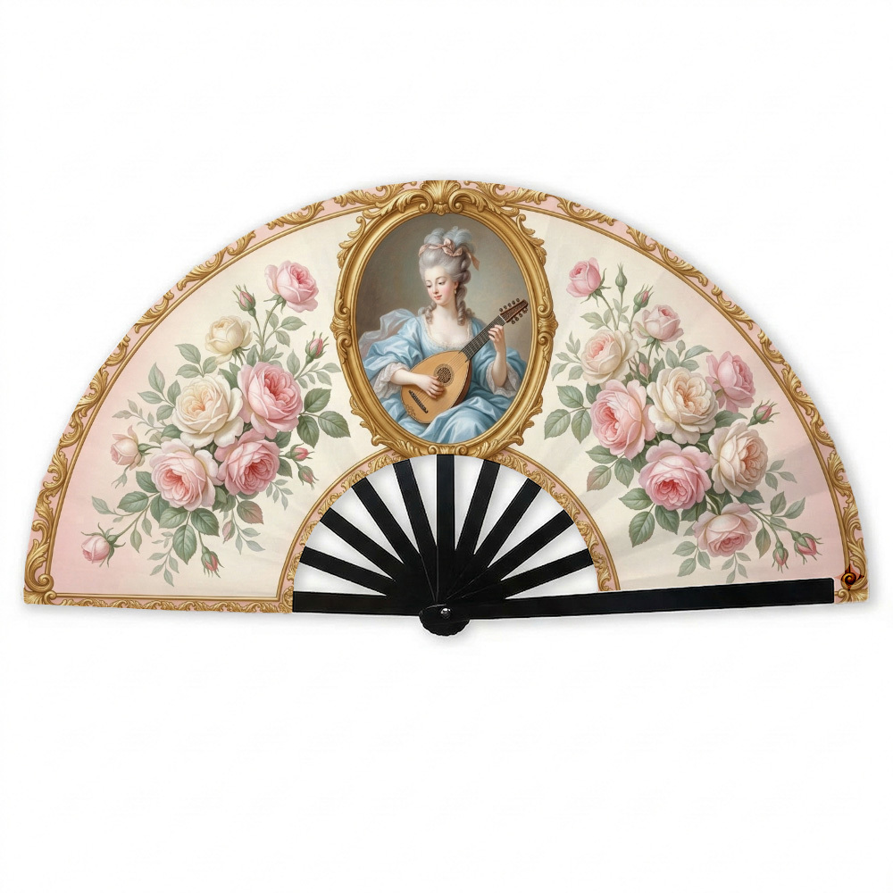 TEMU 1pc Rococo Vintage Folding Hand Fan Portrait Lady & Pink Roses Foloud Snap Hand Fan For Raves & Festivals, Handheld Cooling Fan For Party, Club,