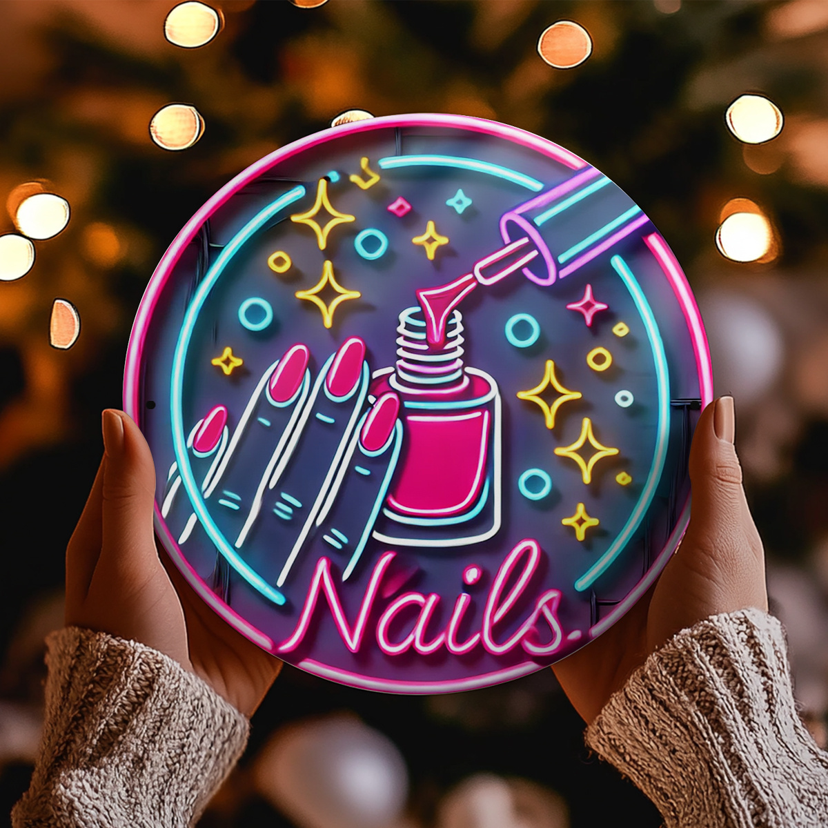 

Vibrant Neon Nail Polish-themed Aluminum Wall Art, 8x8 Inch Round Metal Decor With Golden Accents & "nails" Text - Manicure Time, No Power Needed, Room Decor, Without Electronic Components