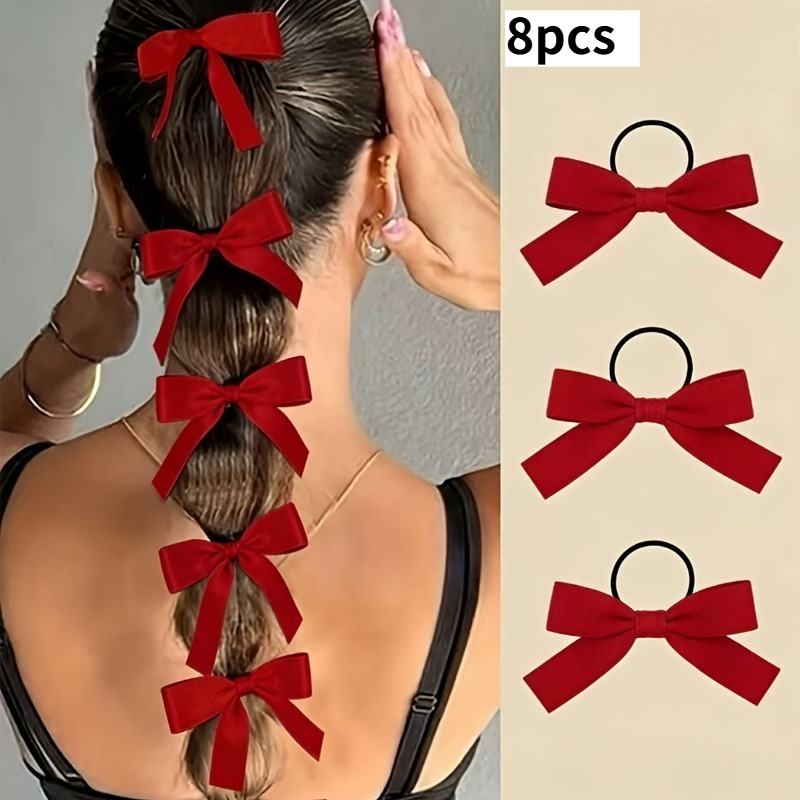TEMU 8pcs Set Women's Red Bow Hair Ties, Vintage Style Minimalist Elegant Red Hair Accessories Headbands, Suitable For Christmas, Valentine's Day,
