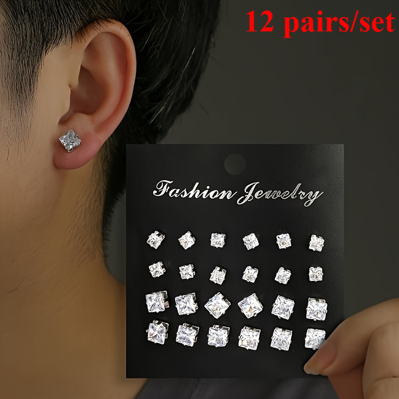 

12 Pairs Men's Earrings - 925 Silvery Plated Titanium Steel With Synthetic Zirconia - Casual Banquet Jewelry Accessories - Simple Square Inlaid Design