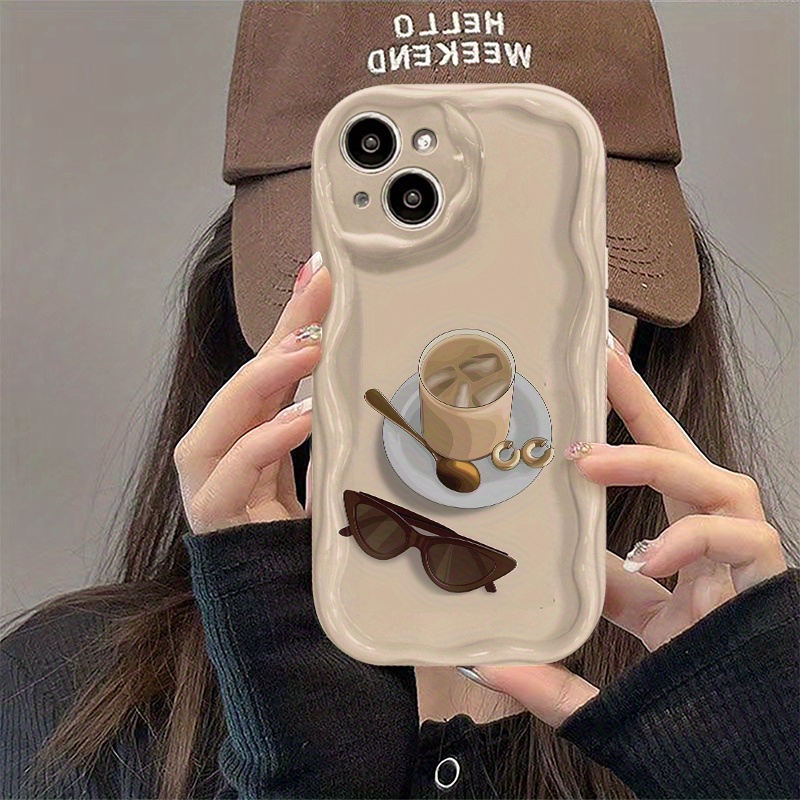 TEMU Phone Case: Autumn Coffee Color Curly Wave Frame Phone Case For Iphone 17/16e/16/15/14/13/12/11/8/7 Pro/pro Max/plus/x/xs/xr/xs Max, Lens