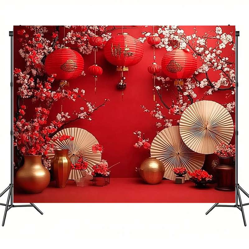 

Chinese New Year Photography Backdrop Banner, 100% Polyester, Large Size, Red & Golden Decor, With Entryway & Indoor Party Decorations For Spring & Celebrations, Home & Studio Prop