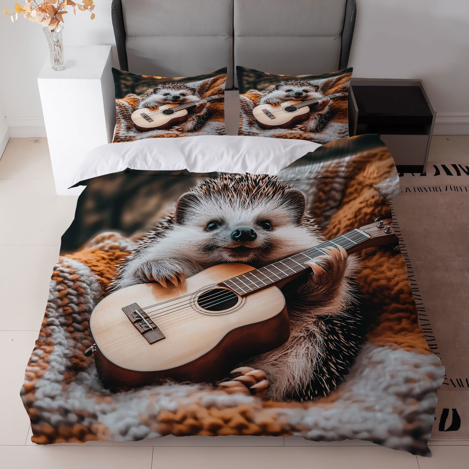 TEMU Ensemble de Literie 3 pièces - Hérisson Marron avec Imprimé Guitare (1Housse de Couette + 2Taies d'Oreiller, Intérieur) - Idéal pour la