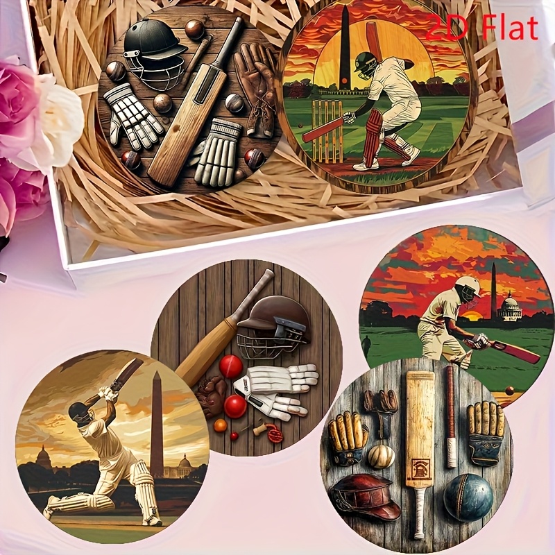 TEMU 6pcs Vintage Cricket-themed Coaster Set - Wood Suitable For Coffee, Tea, Hot Drinks | Heat-resistant Cricket Table Protectors For Home, Kitchen,