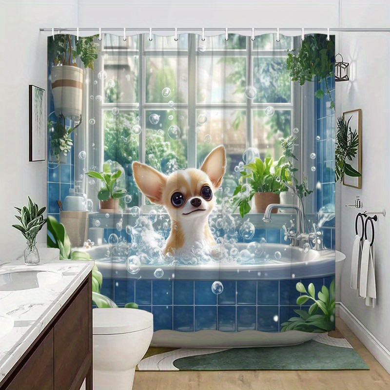 TEMU 1pc Cute Dog Shower Curtain With Bubbles And Soap Bubbles Chihuahua Cartoon Modern For Home And Hotel Bathroom, Bathroom Accessories, Tub
