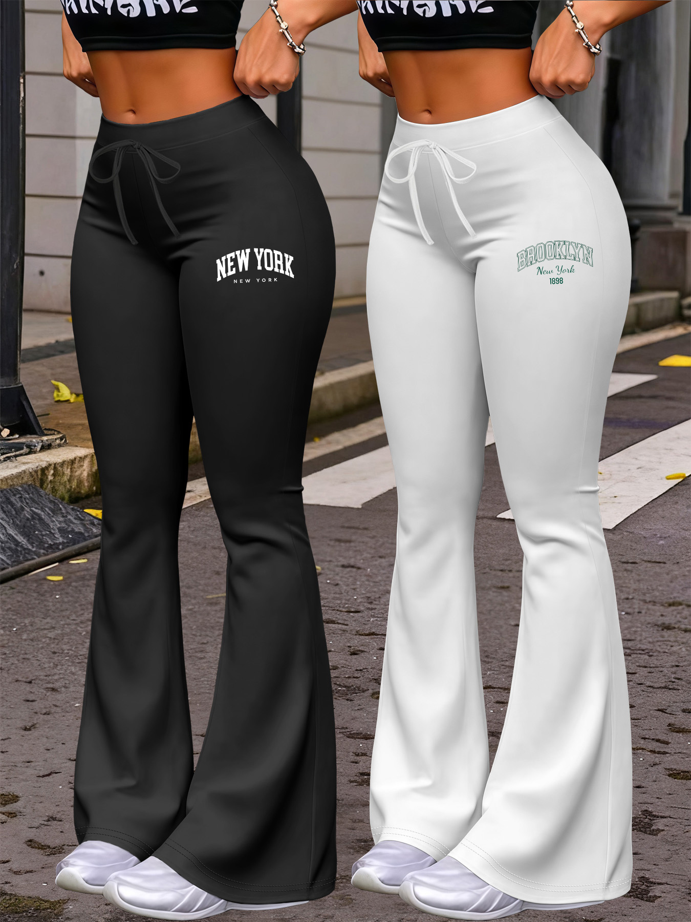 New Autumn Women's Clothing from Europe and America, NEW YORK & BROOKLYN Letter Print, Daily Casual Wear, Two-Pack of Comfortable Slim-Fit Stretch Tapered Straight-Leg Pants with Drawstring Waistband