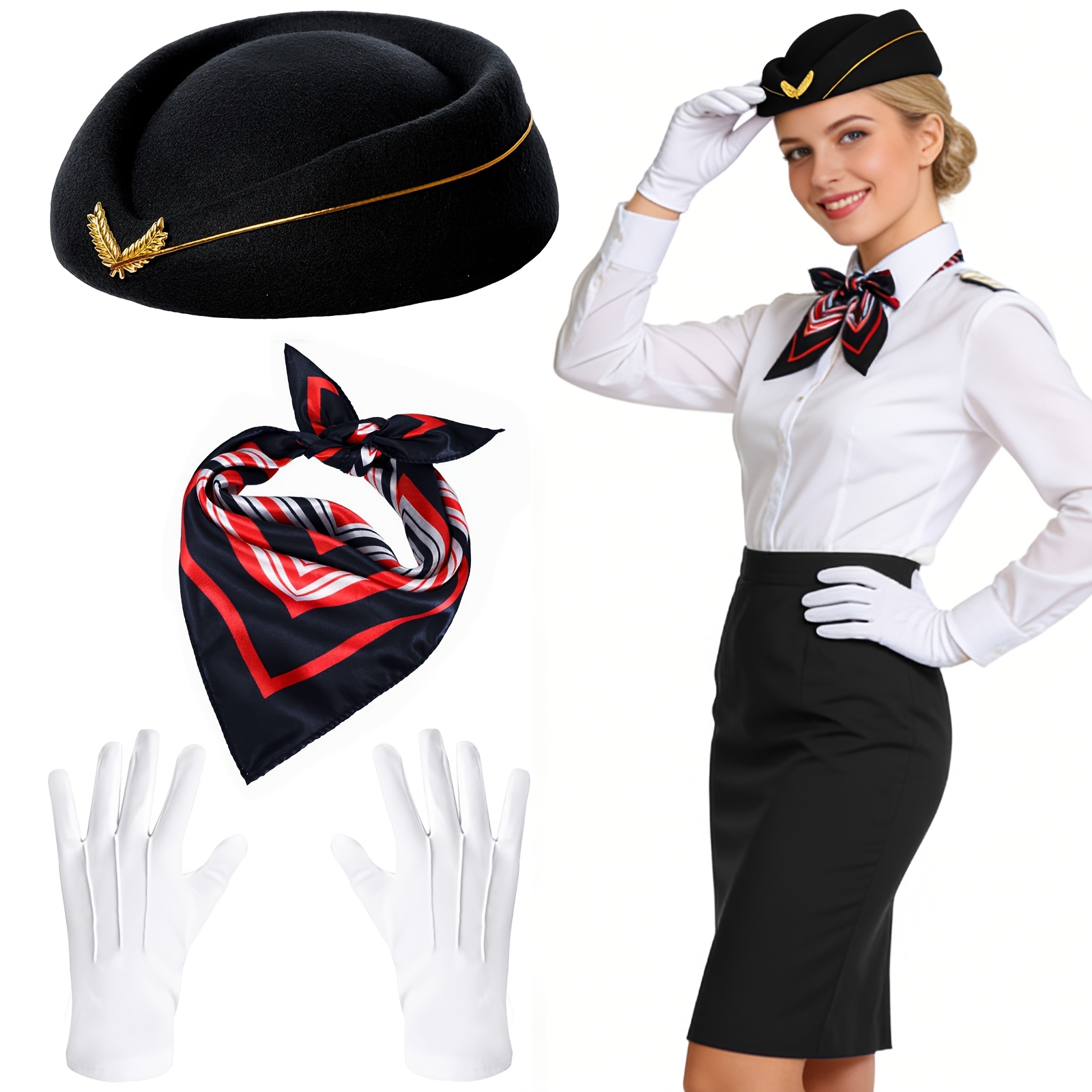 3pcs Women's Flight Attendant Costume Set with Hat, Scarf & Gloves
