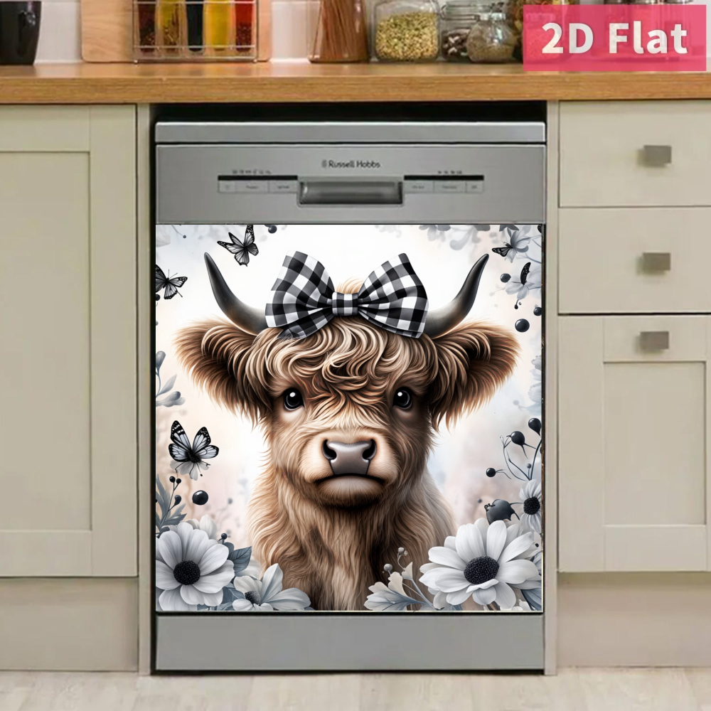 TEMU Highland Cow Kitchen Sticker - Scottish Cow With Bow & Floral Decor, Durable Pvc Farmhouse Decal Suitable For Dishwasher, Oven, Fridge - Cute Scottish Cow Decoration, 2d Flat